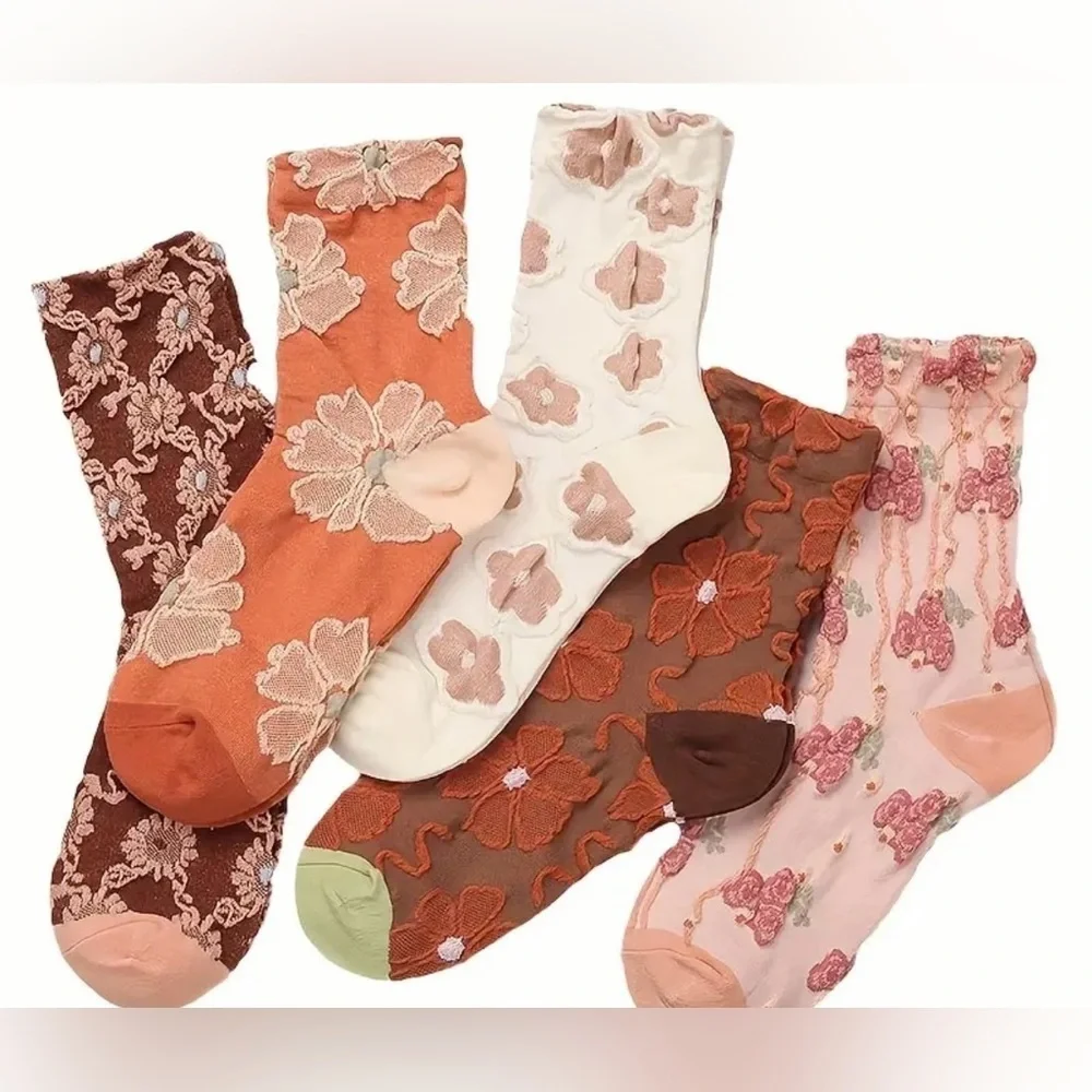 Floral Patterned Women's Socks Set - Orange, Cream, Brown